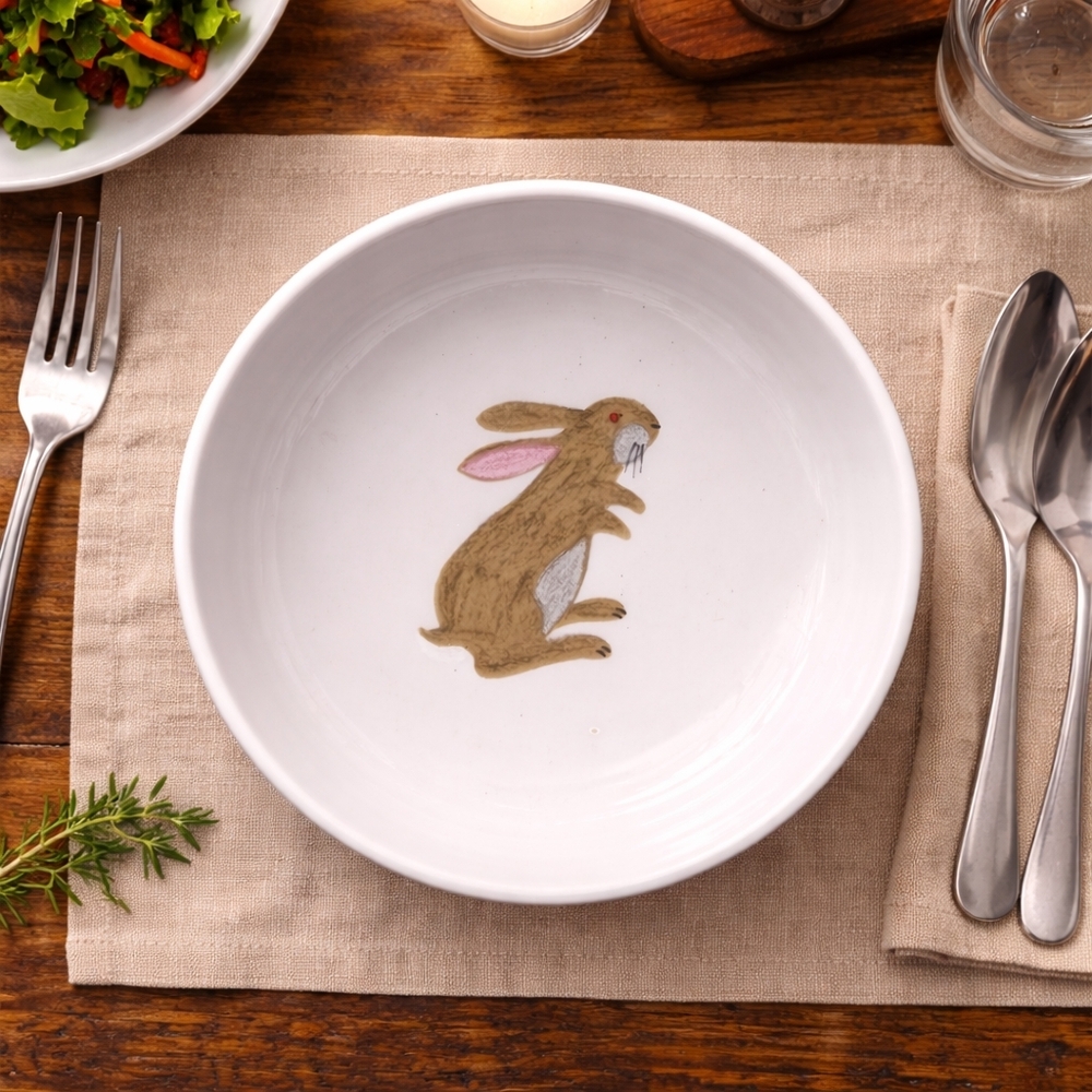 Charming SMALL Porcelain Easter Rabbit Design White Bowl with Cute Decal - JAPAN